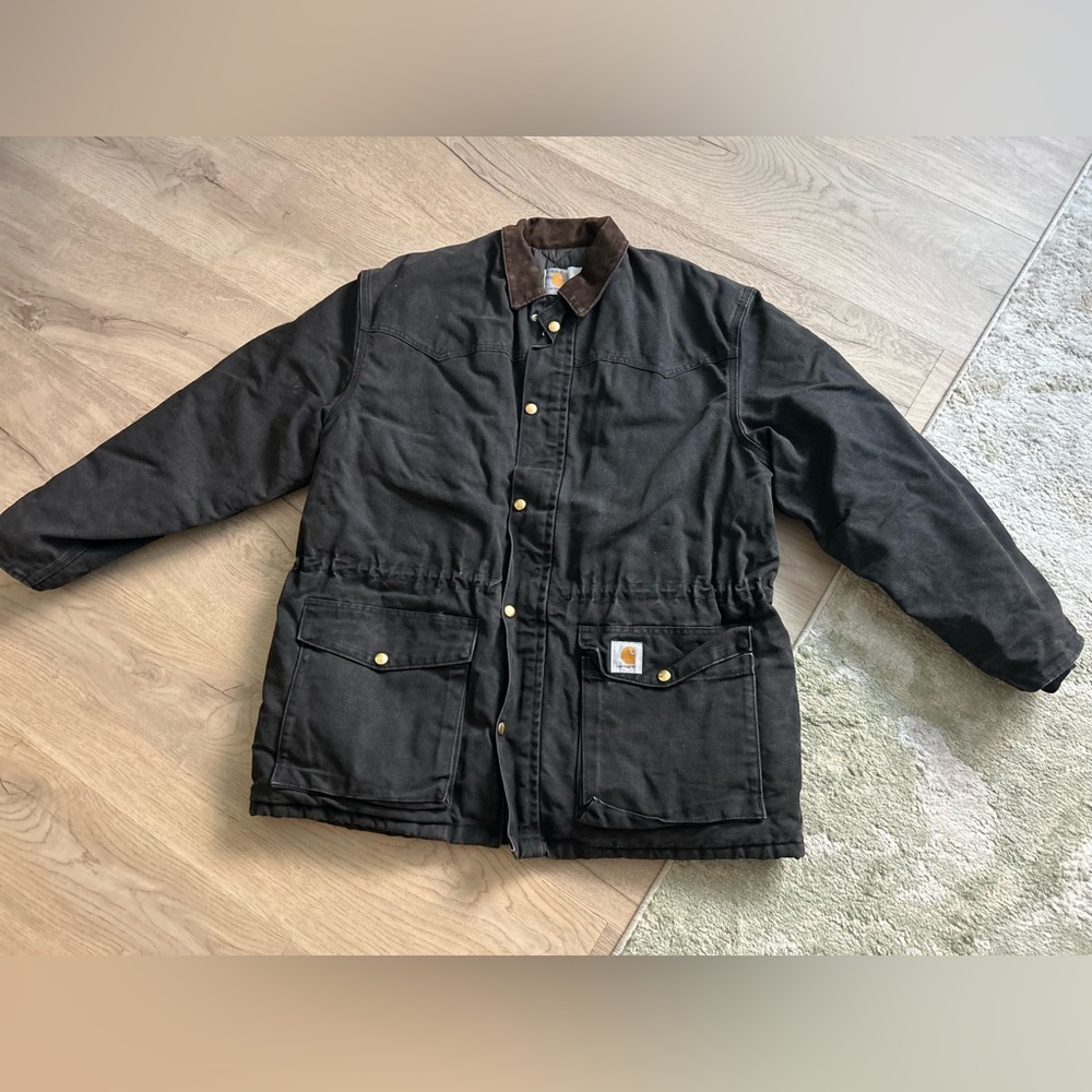 Vintage Carhartt Men's Black Field Jacket with Brown Collar